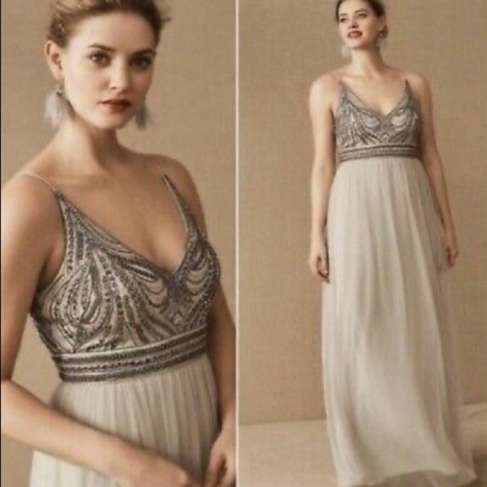 BHLDN Vilette 20 Blue Grey Fog Beaded Sequin Bodice Tulle Skirt Maxi Gown